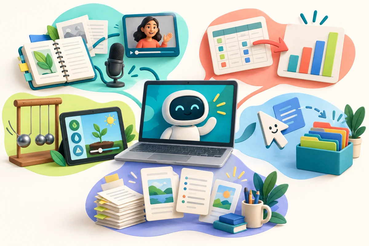 Playful illustration of a pendulum, media studio, survey chart and classroom creation tools